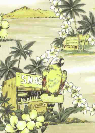 90kapili Parrots, surfboard shop &  palm trees on taupe colored broadcloth apparel fabric.