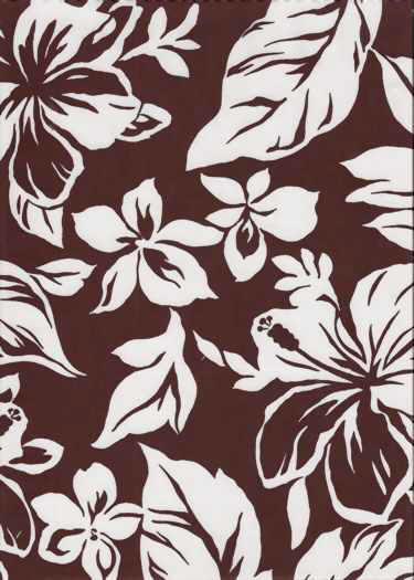 White Hawaiian Hibiscus & Ginger Flowers on a chocolate brown cotton apparel fabric