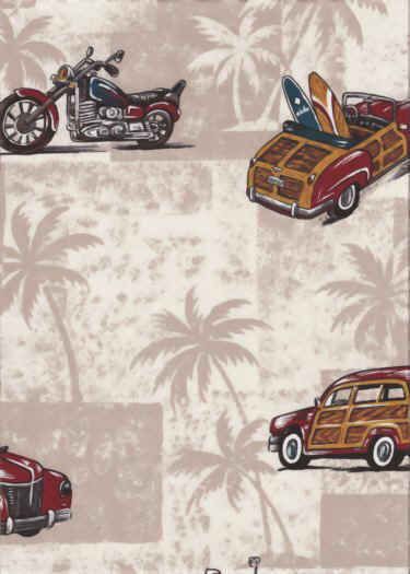 Taupe Hawaiian cotton apparel fabric with trucks , motorcycles and surf boards