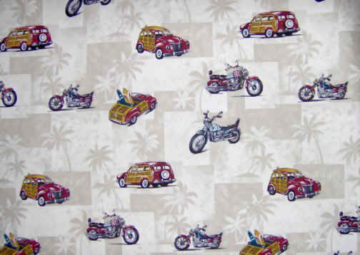 Taupe Hawaiian cotton apparel fabric with trucks , motorcycles and surf boards