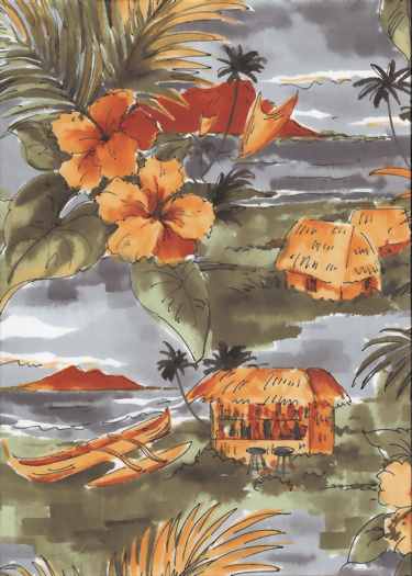 &nbsp;Diamond Head, Hula Huts and canoes on a gray cotton apparel fabric