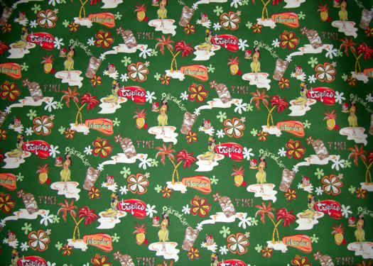 70akua Tropical Hawaiian green, tiki, hula girls, retro fabric, cotton apparel fabric.