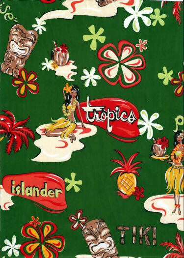70akua green, tiki, hula girls, retro fabric, cotton apparel fabric.