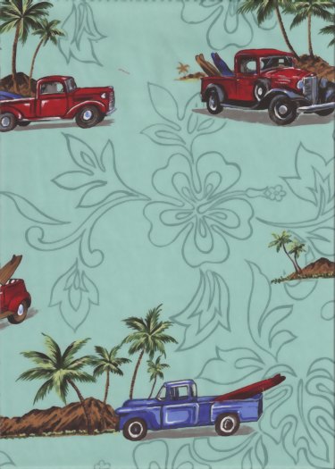 Aqua cotton Hawaiian fabric vintage trucks, surfboards and palm trees