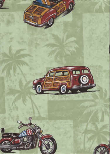 Sage Hawaiian cotton apparel fabric with trucks , motorcycles and surf boards