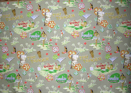 Hula Girls, cocktail glasses & palm trees, tikis on&nbsp;poplin&nbsp;apparel fabric