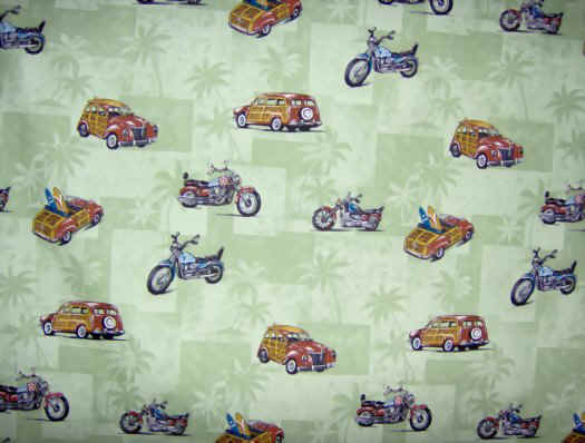 Sage Hawaiian cotton apparel fabric with trucks , motorcycles and surf boards