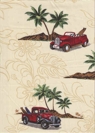 Ivory cotton Hawaiian fabric vintage trucks, surfboards and palm trees