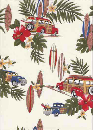Vintage Woody Trucks and surfboards on a cream apparel fabric