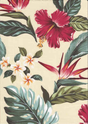 Hibiscus, bird of paradise and plumeria flowers on a beige coton vintage type barkcloth fabric made for apparel and home decor projects such as curtains, bedding and tablewear