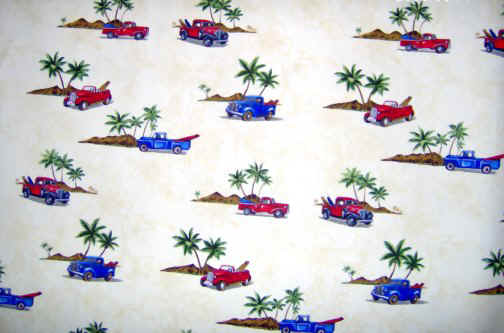 Navy cotton Hawaiian  fabric vintage pickup  trucks, surfboards and palm trees