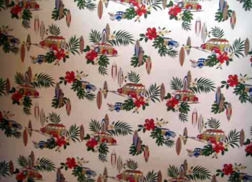 Vintage Woody Trucks and surfboards on a cream apparel fabric