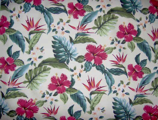 Hibiscus, bird of paradise and plumeria flowers on a beige coton vintage type barkcloth fabric made for apparel and home decor projects such as curtains, bedding and tablewear