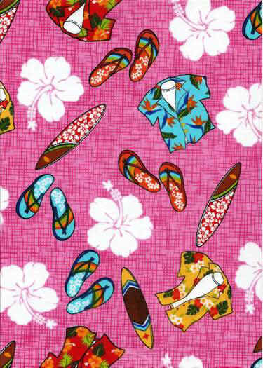 Aloha shirts, slippers, surfboards tropical Hawaiian cotton fabric