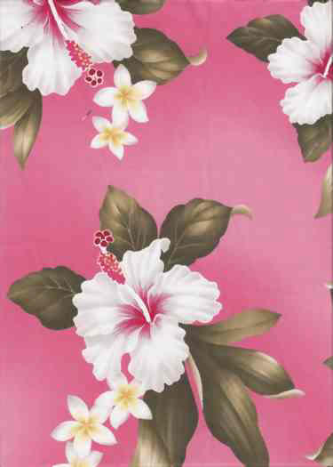 Hibiscus and plumeria flowers on cotton poplin apparel fabric. 