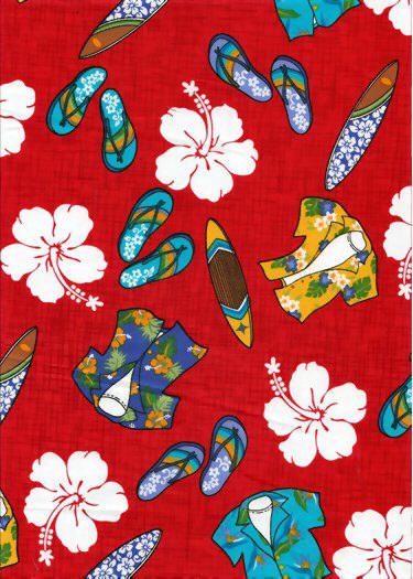 Aloha shirts, slippers, surfboards tropical Hawaiian cotton fabric