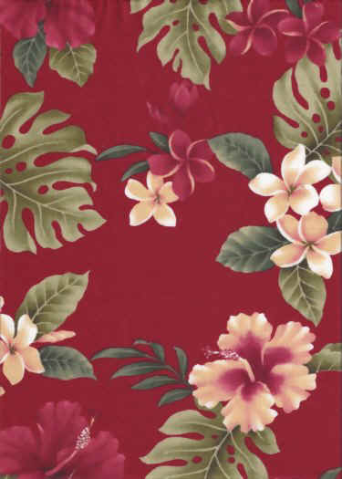 Hawaiian fabrics: A red background with white and red plumeria flowers, tropical leaves and red and white hibiscus flowers.  A vintage style pattern with a soft linen texture.