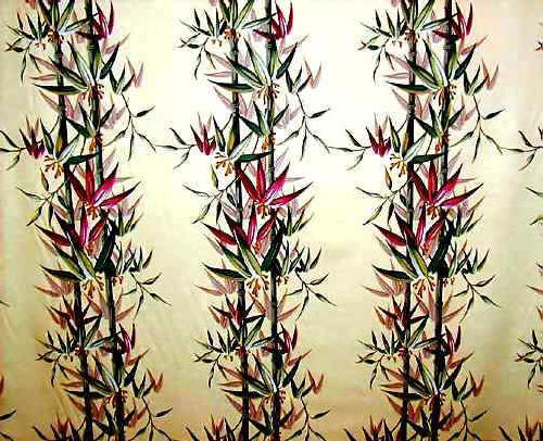click for detailed view  Bamboo stalks with flowers on a Yellow toned cotton