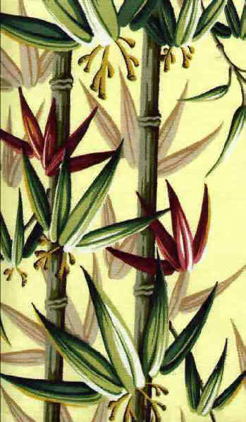 Click for an overall view  Bamboo stalks with flowers on a Yellow toned cotton