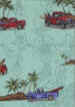 Aqua colored  Hawaiian cotton apparel fabric with trucks and surf boards