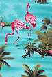 Flamingos and palm trees on an aqua cotton apparel fabric