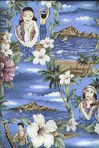 Leo Blue Hawaiian vintage Style canvas fabric. Hula girls, Diamond Head Palm trees.