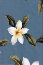 Plumeria Blue Hawaiian vintage plumeria flower fabric on a vintage style barkcloth fabric, blue background.