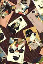 90nipoa Geisha Girls on a brown cotton fabric.  Tropical cotton