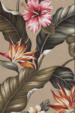 Kahua Beige Bark Crepe Upholstery fabric,Bird of Paradise, Hibiscus, Plumeria, Cotton Hawaiian vintage style fabric