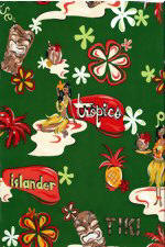 70akua Tiki, tropical Hawaiian hula girls, palms and plumeria on cotton broadcloth apparel fabric.