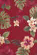 Hawaiian fabrics: A red background with white and red plumeria flowers, tropical leaves and red and white hibiscus flowers.  A vintage style pattern with a soft linen texture.