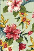 70hiki Hibiscus and orchid flowers on a cotton barkcloth fabric.